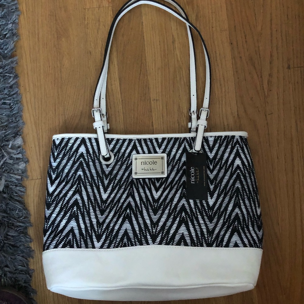 NWT Nicole Miller Black & White Straw Leather Tote